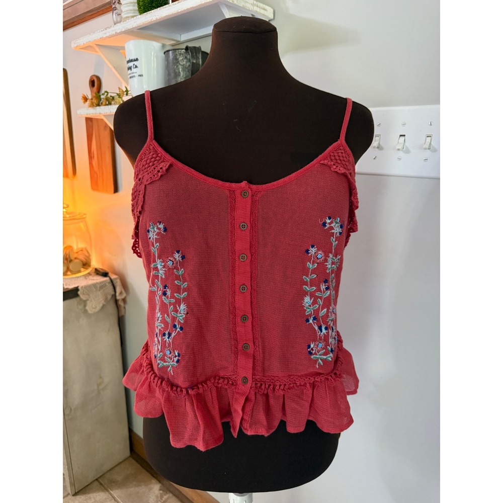 Forever 21 Embroidered Mesh Cami M Coral Red Boho Festival Tank Top concert fair